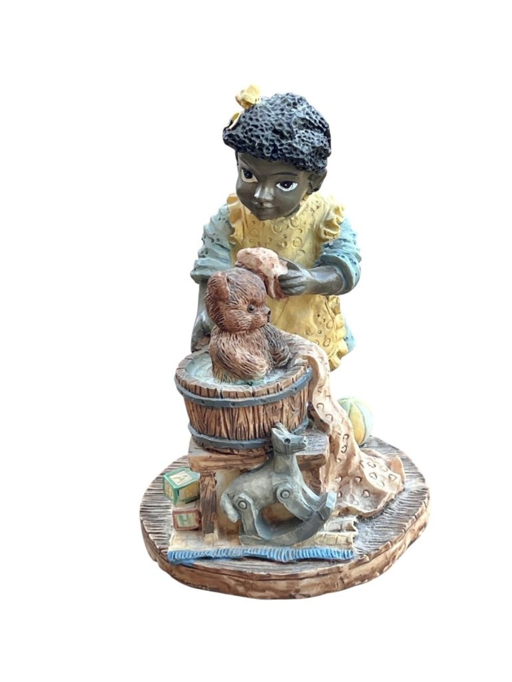 Youngs Inc. Figurine Girl Bathing Teddy Bear 5.25" T African American Gift